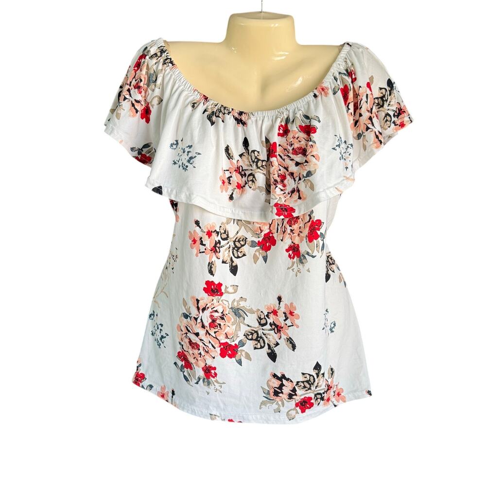 Magazine Large Floral Off Shoulder Ruffle Top White Red Pink